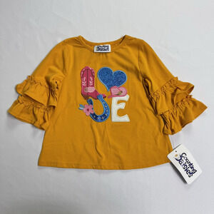 Counting Daisies Love Western Applique Ruffle Top Girl's Size 4 Mustard Yellow